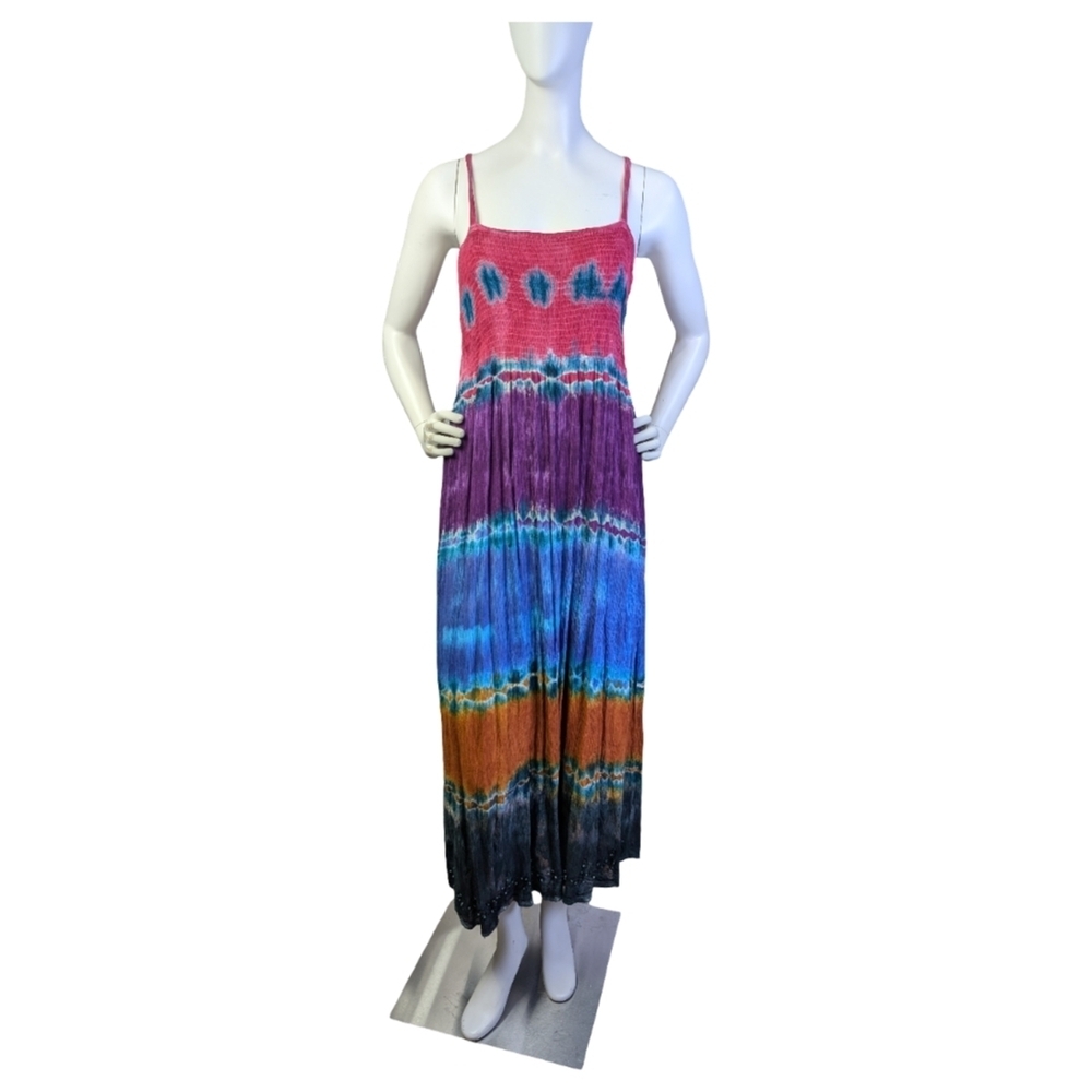 Island Style Tie Dye Beaded Boho Festival Maxi Dress | Colourful | Fits S-L